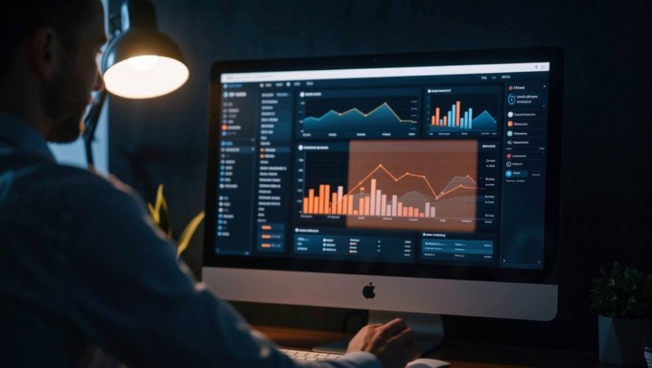 Marketer reviewing campaign performance dashboards on a desktop monitor
