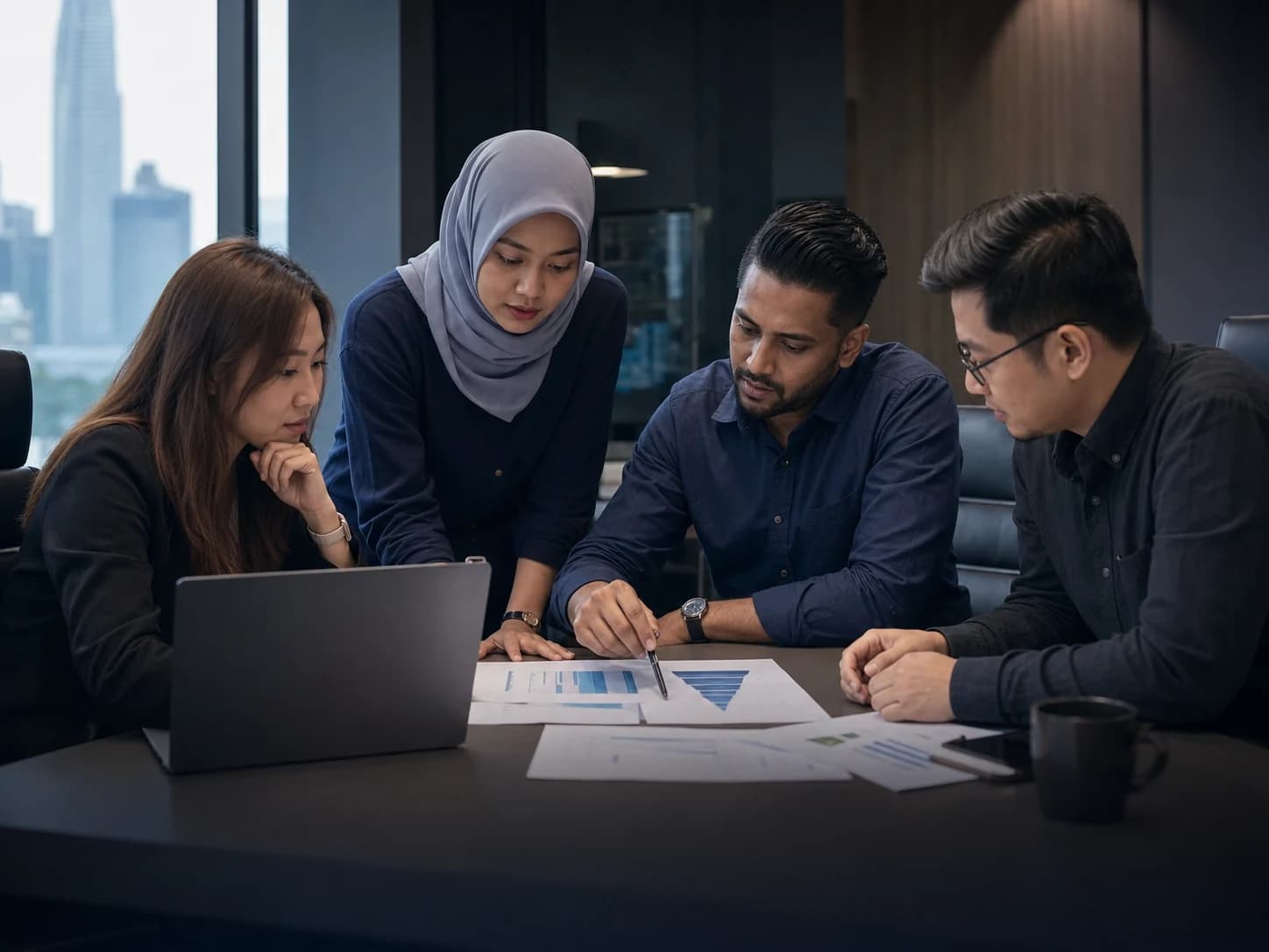 Malaysian SME team reviewing marketing funnel performance with a consultant